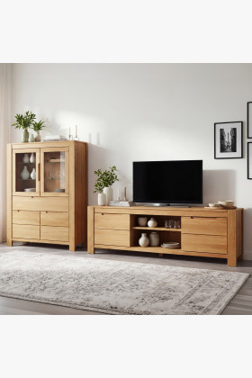 Massive Eiche TV-Kommode & Vitrine Wohnzimmer Set naturholz